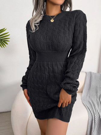Black Cable Knit Sweater Dress with Long Sleeves Black