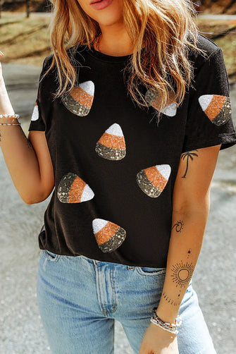 Black Candy Corn Pattern Halloween T-Shirt for Women Black