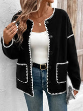 Black Cardigan with White Trim Machine Washable Polyester Sweater Woman Outerwear