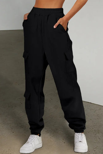 Black Cargo Sweatpants Cotton Polyester Blend Basic Style for Women Black