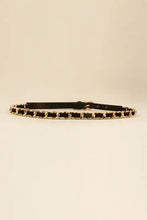 Black chain skinny belt with gold chain-link design and buckle
