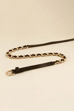 Gold chain skinny belt with black leather strap and silver buckle