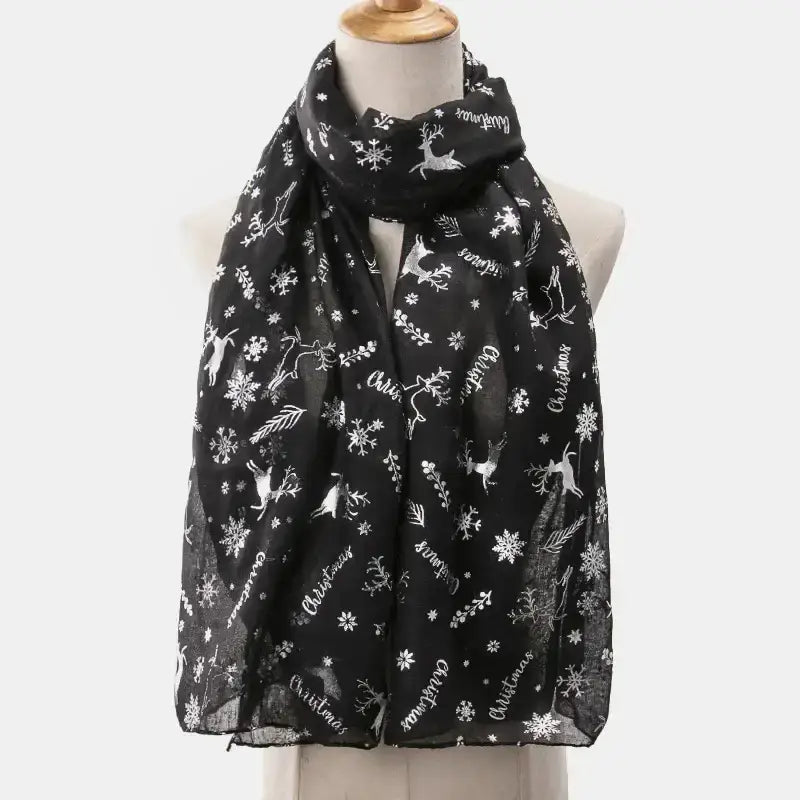 Black Christmas thermal scarf with white reindeer and snowflakes