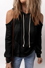 Black cold shoulder long sleeve hoodie with drawstring neckline