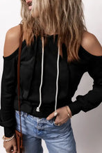 Black cold-shoulder long sleeve hoodie with white drawstrings