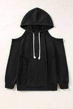 Black cold shoulder long sleeve hoodie with drawstring hood and ribbed cuffs