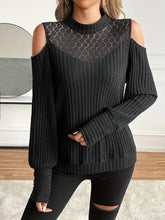 Black Cold Shoulder Ribbed Knit Sweater with Lace Detail Woman T Shirts