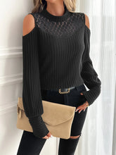Black Cold Shoulder Ribbed Knit Sweater with Lace Detail