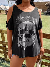 Black Cold Shoulder Skull Graphic T Shirt for Women Black