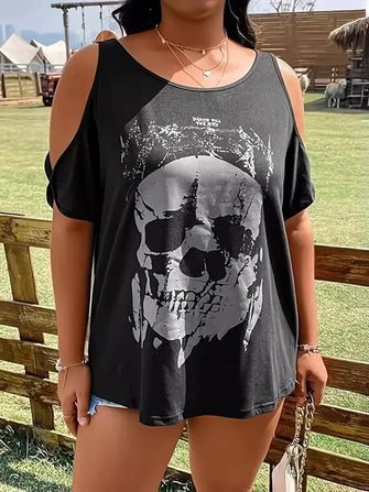 Black Cold Shoulder Skull Graphic T Shirt for Women Black