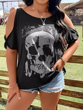 Black Cold Shoulder Skull Graphic T Shirt for Women