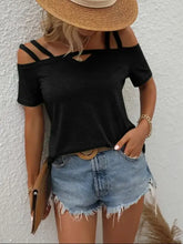 Black cold shoulder T-shirt with double spaghetti straps and V-neck cutout