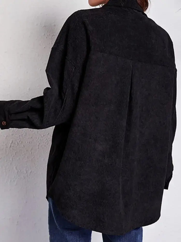 Black corduroy button-up shirt in effortless elegance casual outerwear style