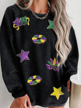 Black corduroy Mardi Gras sweatshirt with sequin stars and masquerade masks