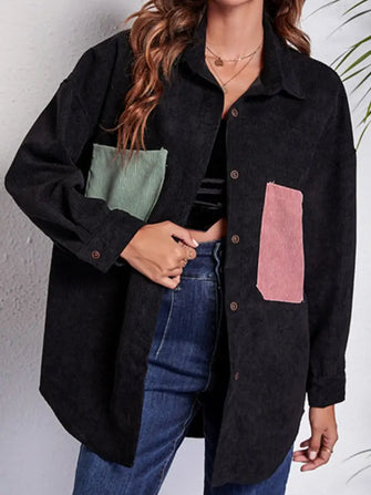 Black Corduroy Shirt Jacket with Long Sleeve Length and Color Block Pockets Black Woman Outerwear