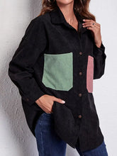 Black Corduroy Shirt Jacket with Long Sleeve Length and Color Block Pockets Woman Outerwear