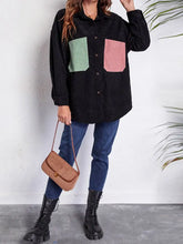 Black Corduroy Shirt Jacket with Long Sleeve Length and Color Block Pockets Woman Outerwear