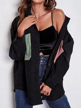 Black Corduroy Shirt Jacket with Long Sleeve Length and Color Block Pockets Woman Outerwear