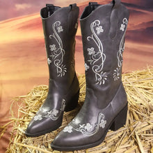 Black Cowboy Boots with White and Gray Embroidery for Women Gray