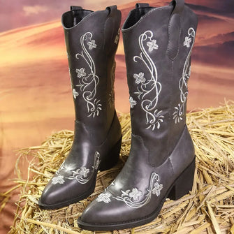 Black Cowboy Boots with White and Gray Embroidery for Women Gray