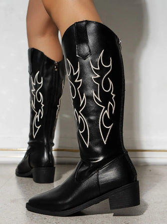 Black Cowboy Boots with White Flame Design for Women Black