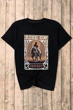 Black cowboy graphic t-shirt for women with Ride On Cowboy text