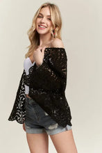 Black sequined off-the-shoulder crochet cardigan with adora leaf pattern