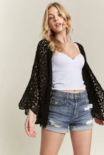 Black crochet cardigan with bell sleeves and Adora leaf pattern crochet design