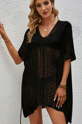 Black Crochet Lace Swimwear Cover-Up for Women Black One Size