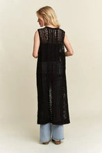 Black sequined maxi dress with crochet long cardigan for versatile styling