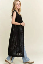 Black sequined maxi dress with crochet long cardigan for versatile styling