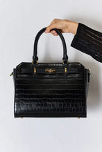 Black Crocodile Embossed Leather Handbag with Gold Hardware