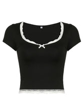 Black Crop Top with White Lace Trim and Bow Detail