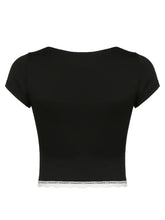 Black Crop Top with White Lace Trim and Bow Detail
