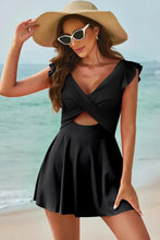 Black Cutout Swimsuit Dress with Wide Brim Straw Hat Swimwear