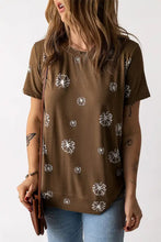 Olive green dandelion print round neck short sleeve tee for women