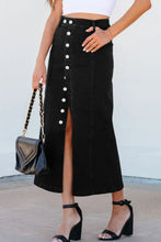 Black Denim Button Front Midi Skirt for Women Black