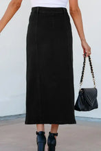 Black denim button front midi skirt for women