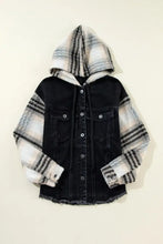 Black and white plaid hooded denim jacket with raw hem