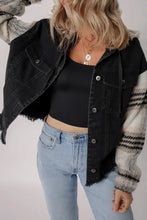 Black cropped denim jacket with fur-lined hood, raw hem details
