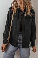 Black denim jacket with button-down front, patch pockets, over distressed jeans