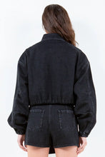 Black Denim Jacket with Drawstring Waist Crop and Cropped Length