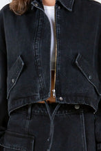 Black Denim Jacket with Drawstring Waist Crop and Cropped Length