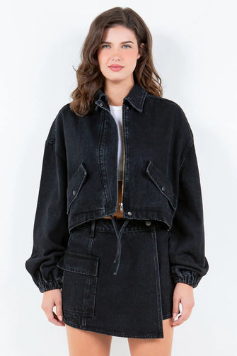 Black Denim Jacket with Drawstring Waist Crop and Cropped Length Black