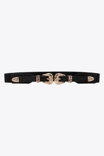 Black double buckle elastic belt with ornate gold detailing