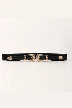 Black double buckle elastic belt with ornate gold detailing
