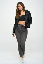 Black double zip hooded long sleeve jacket with distressed leather details