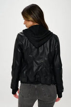 Black double zip hooded long sleeve jacket with faux leather and quilting