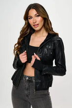Black double zip hooded long sleeve jacket with quilted detailing