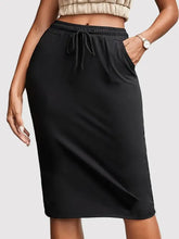 Black Drawstring Midi Pencil Skirt with Pockets Black Woman Skirts
